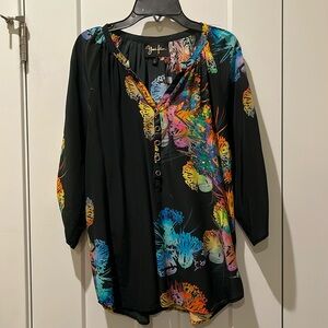 Yumi Kim Large Silk Black Floral Print 3/4 Sleeve Top